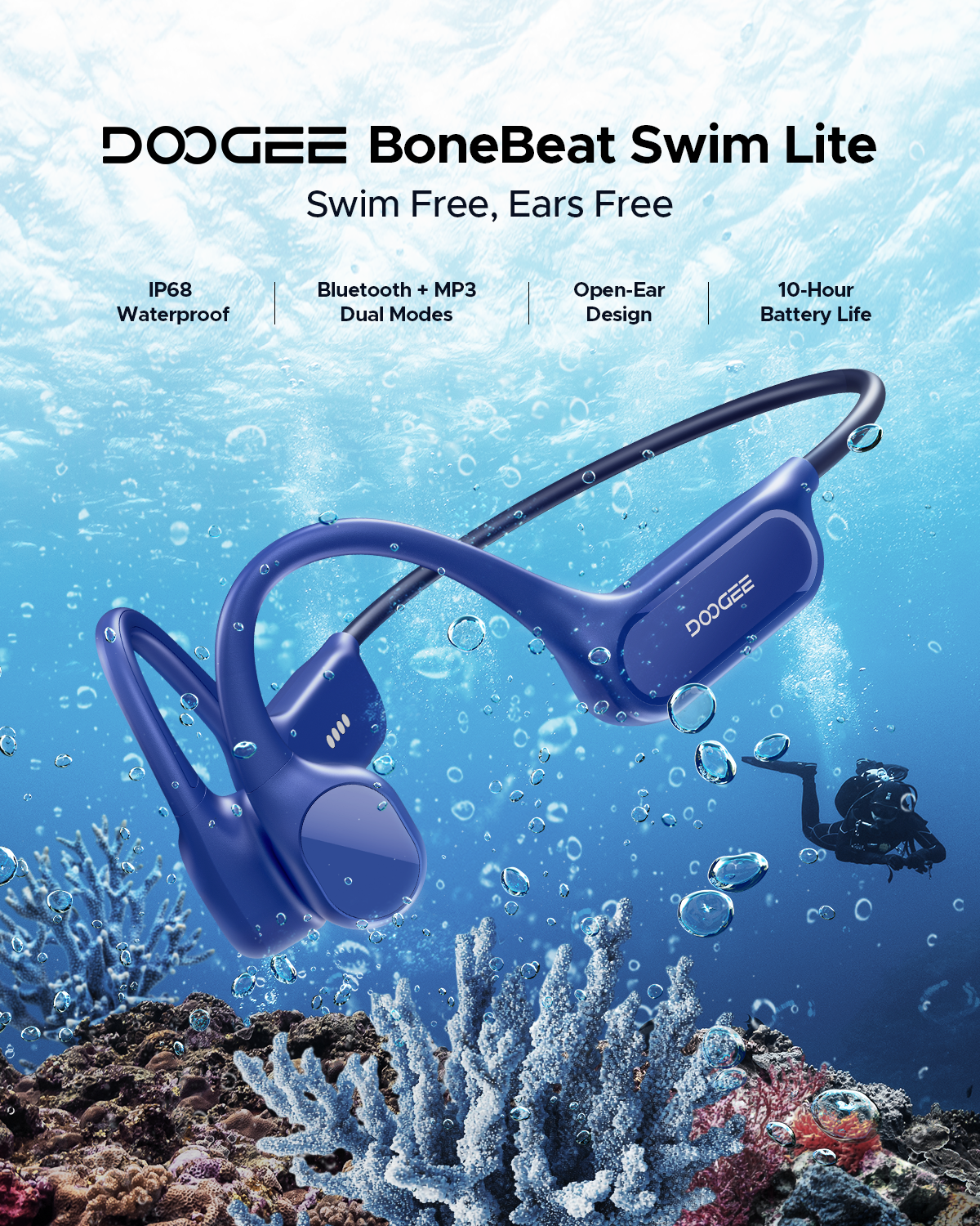 BoneBeat Swim Lite Headphone, IP68, Open Ear, Bone Conduction